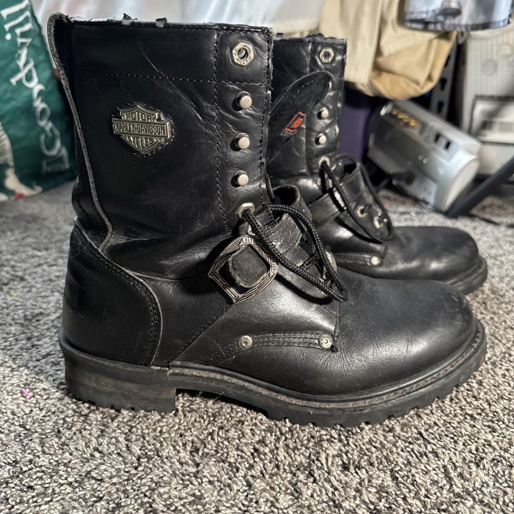 Harley-Davidson Mens Boots Black Leather Lace Up Round Toe Buckle 9.5